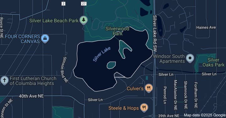 Map of Silver Lake showing its outline within Columbia Heights and St. Anthony